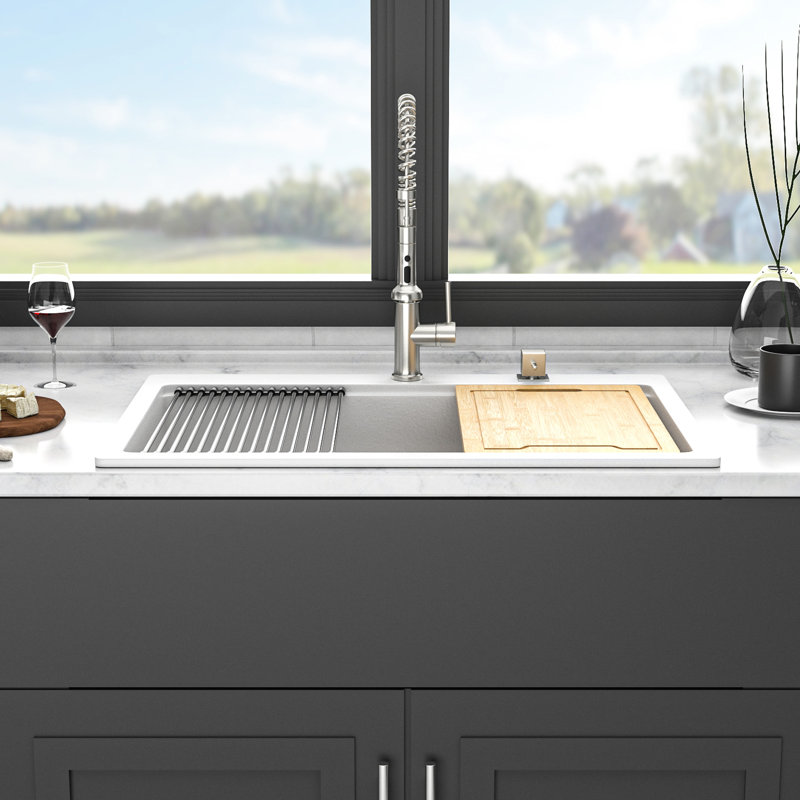 White Quartz Kitchen Sink 33" X 22", High - End Drop In Workstation, Smooth Surface, Reduces Dirt, Assembly, Installation Template Non Porous, Easy To Clean, Strainers, Guide