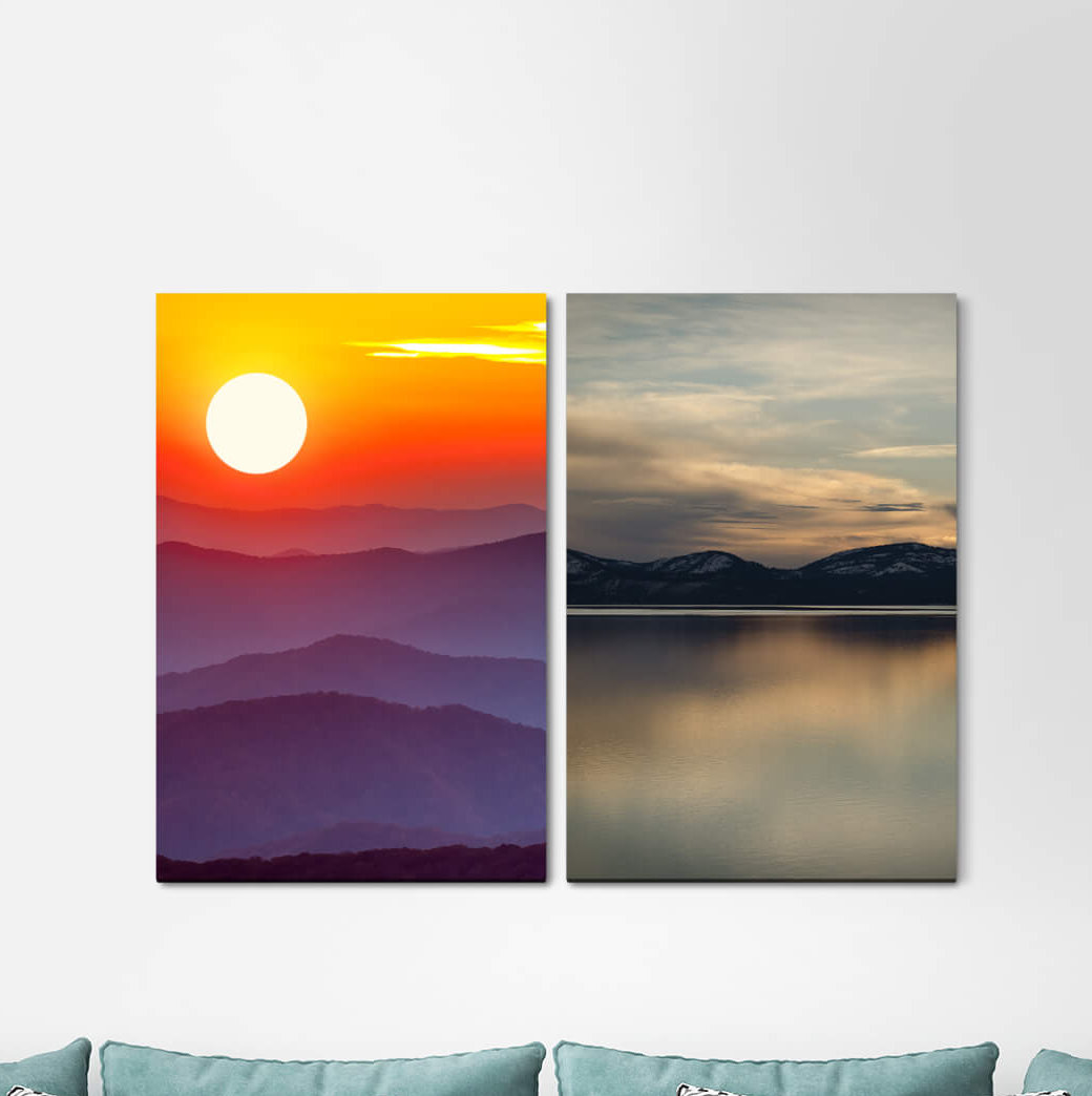 2-tlg. Leinwandbilder-Set - Fotografie „Mountains Sun Evening Glow Styles Calm Idyllic Dreamlike”