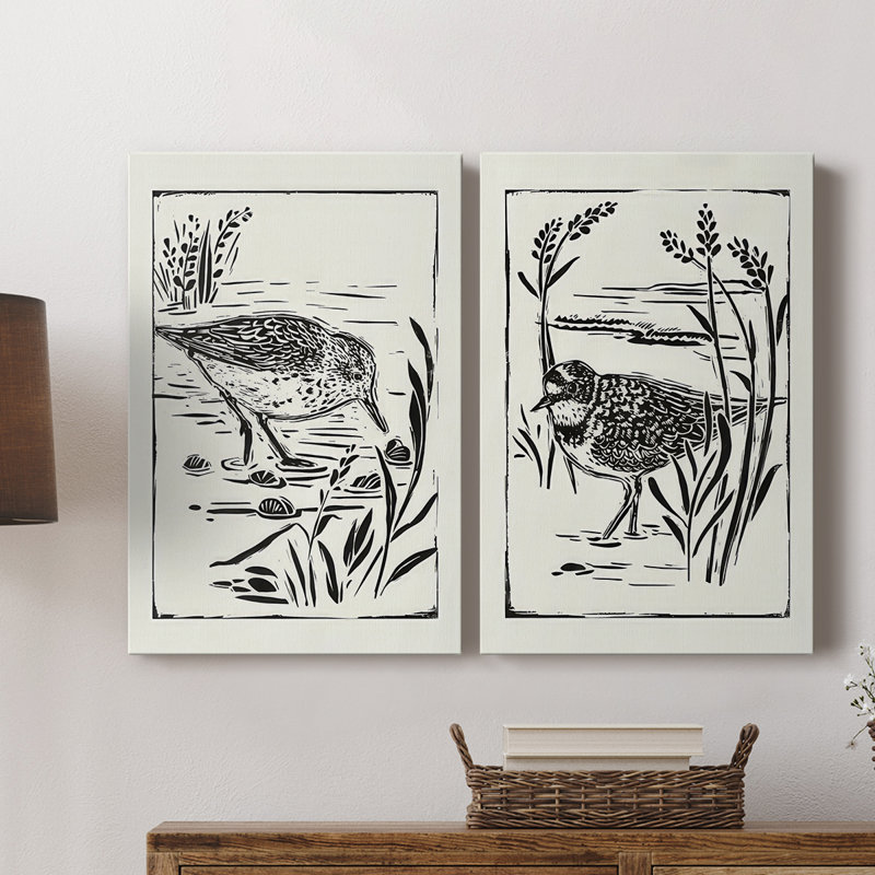 Linocut Style Seabird III - Toile tendue avec châssis de qualité supérieure - Prêt à être accroché, H 12 po x l 16 po