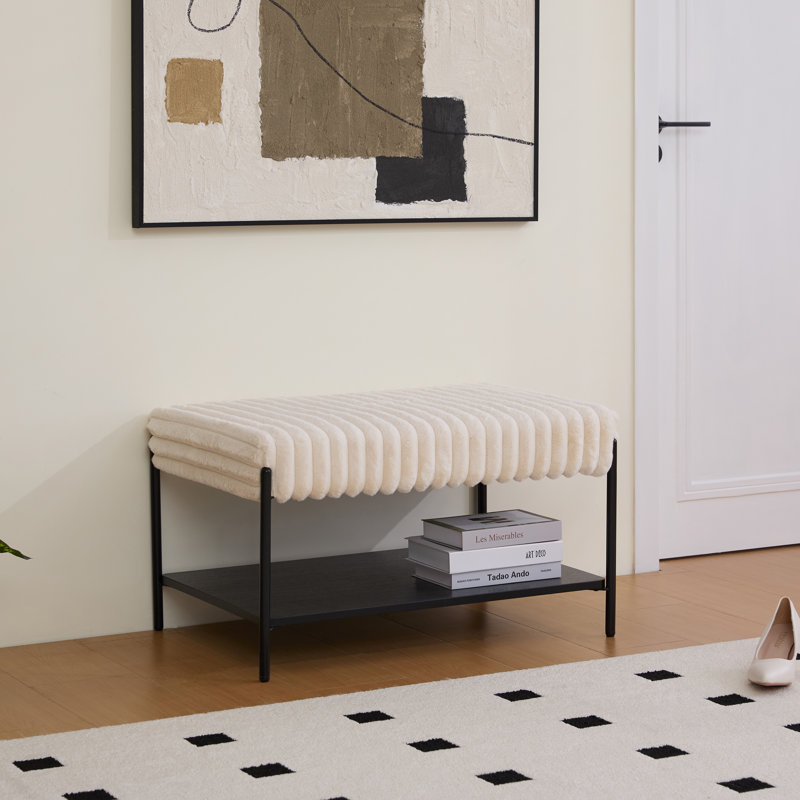 Upholstered Ottoman With Storage Shelf, Beige