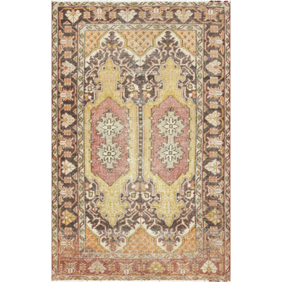 Size 4' x 6' One-of-a-Kind Hand-Knotted 1960s 4'6" x 7'1" Wool Area Rug in Yellow/Brown/Pink/Orange