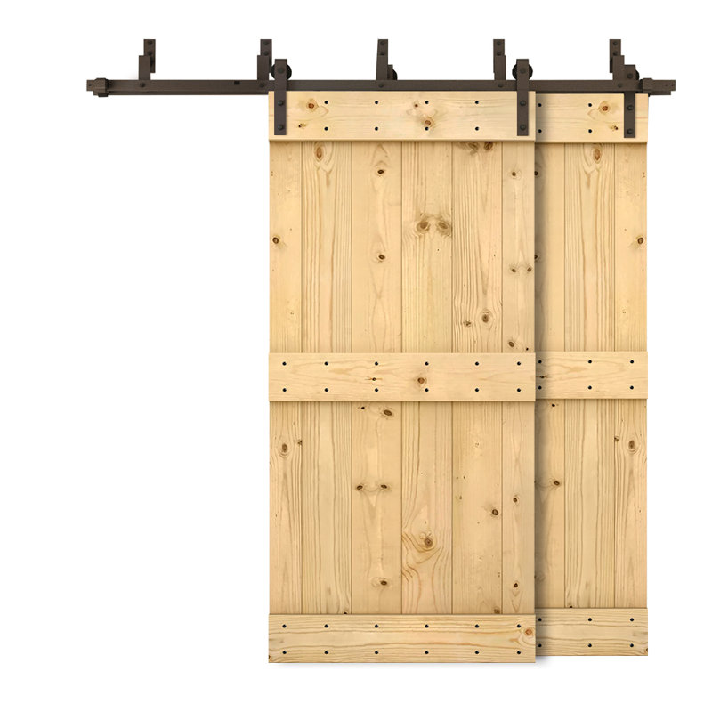 Porte de grange double à panneaux en bois teinté à panneau Mid-Bar, 40 po x 84 po, Brut