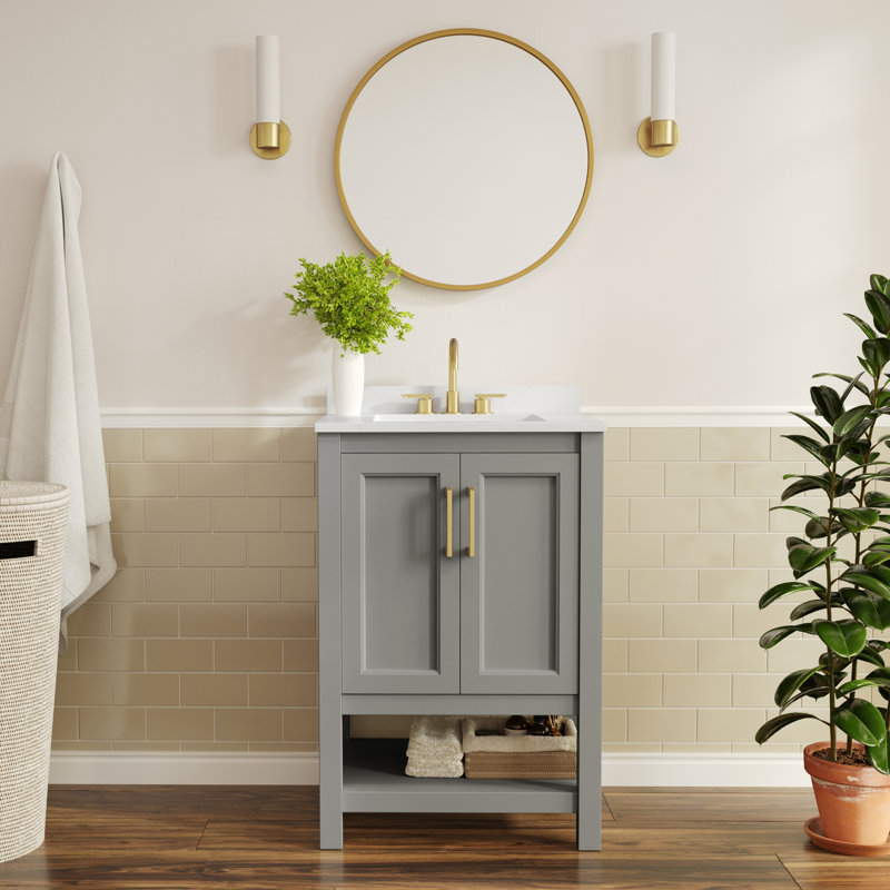 Meuble-lavabo 24 po avec lavabo encastré et tablette de rangement ouverte Canita, Gris, Doré