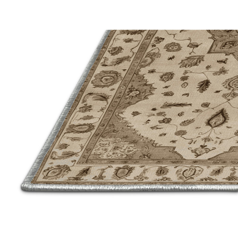 Machine Washable Tabriz Beige Area Rug, Square 3'