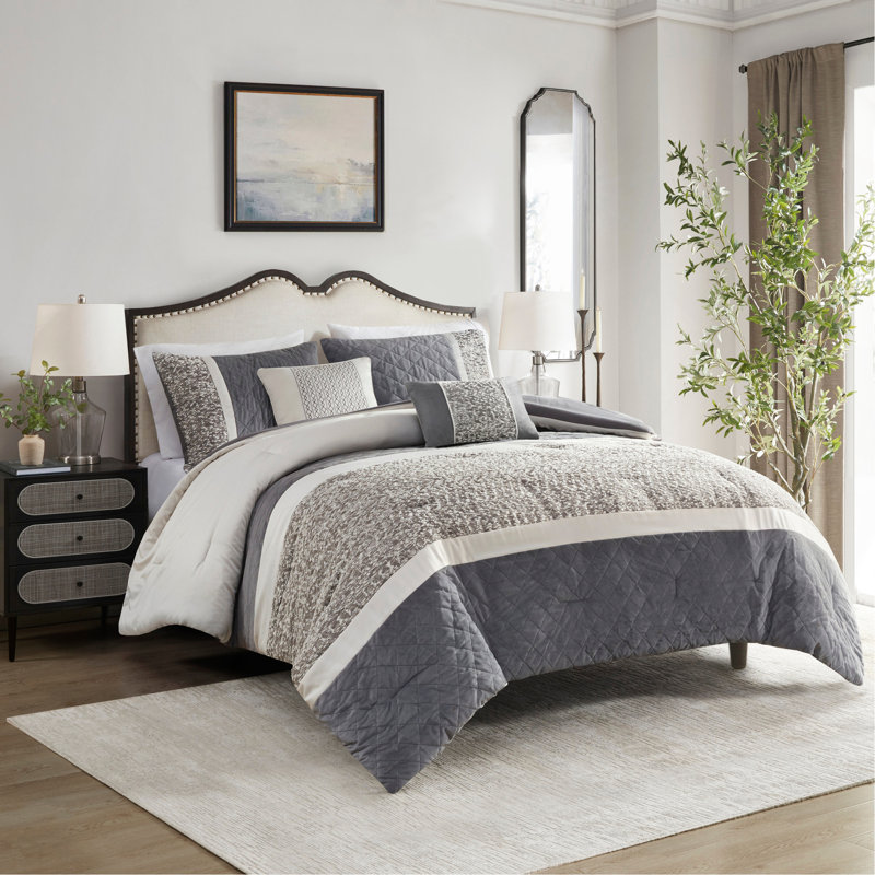 Ensemble d'édredon 5 pièces à rayures jacquard texturé avec coussins décoratifs