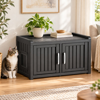 2-Door Cat Litter Box Enclosure, Hidden Litter Box Furniture, Outdoor & Indoor Kitten House, Kitten Catio, Cat Home (Black)