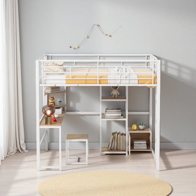Lit mezzanine double avec bureau et tabouret, lit mezzanine en métal avec garde-robe de style ouvert, tablettes et armoire
