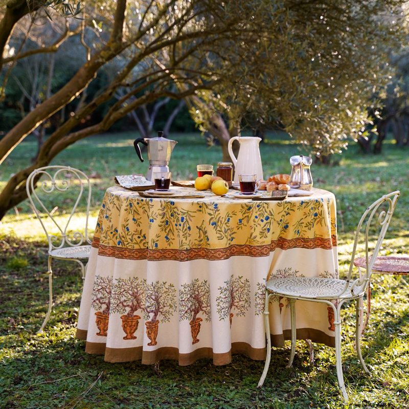 Dyess Handmade Floral Tablecloth, 70" Round, Gold-Blue