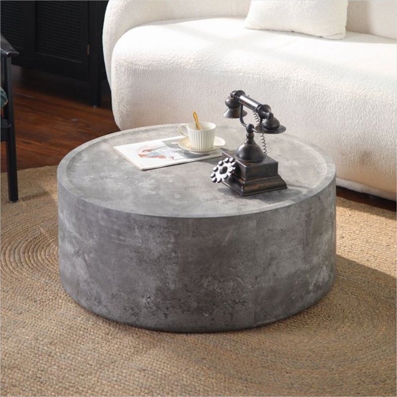 Table basse ronde à tambour avec faux béton, panneau de fibres à densité moyenne gris doux, aucun assemblage requis pour le salon