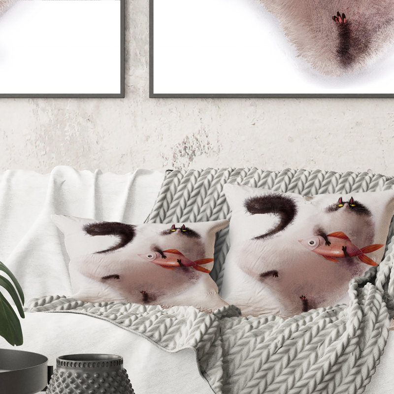 Caricature d'un chat avec un petit poisson - Coussin décoratif pour enfants, 16 po x 16 po