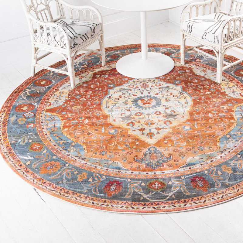 Folmar Abstract Indoor Rug, Round 8', Red/Yellow/Navy