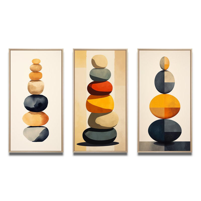 Ensemble de 3 pièces Spiritual Stone Art - équilibrage visuel des roches, H 40 po x l 60 po, Cadre naturel flottant