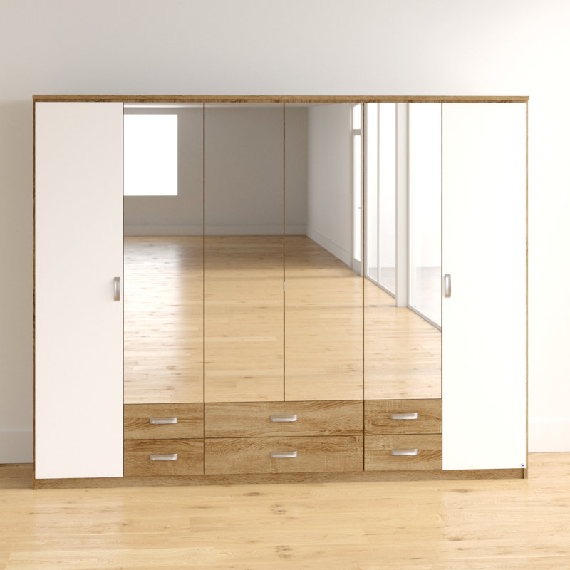 Gandra 6 Hinged Door Wardrobe 271 cm Alpinwhite/Oak 6 Drawer, Mirror INCL. Delivery and Assembly