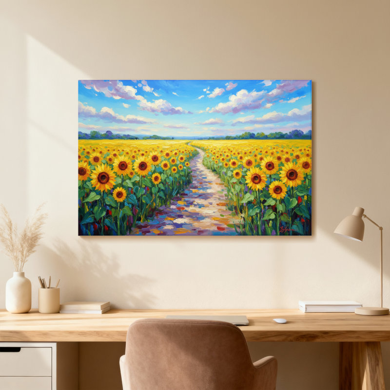 Scénario et paysages urbains Tournesol Champ Chemin Ciel Nuage Vert Feuilles Couleurs vives, H 24 po x l 36 po, Toile tendue