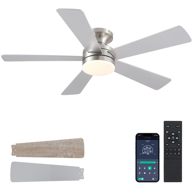 46" Low Profile Flush Mount Ceiling Fan Light With Remote/app Control, Nickel