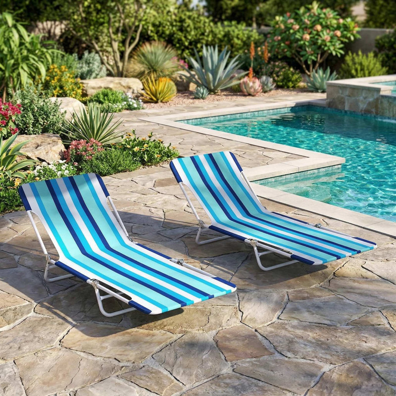 Set Of 2 5 Position Lay Flat Portable Beach Recliners With Carry Strap And Sturdy Metal Frame For Beach Poolside Camping Use