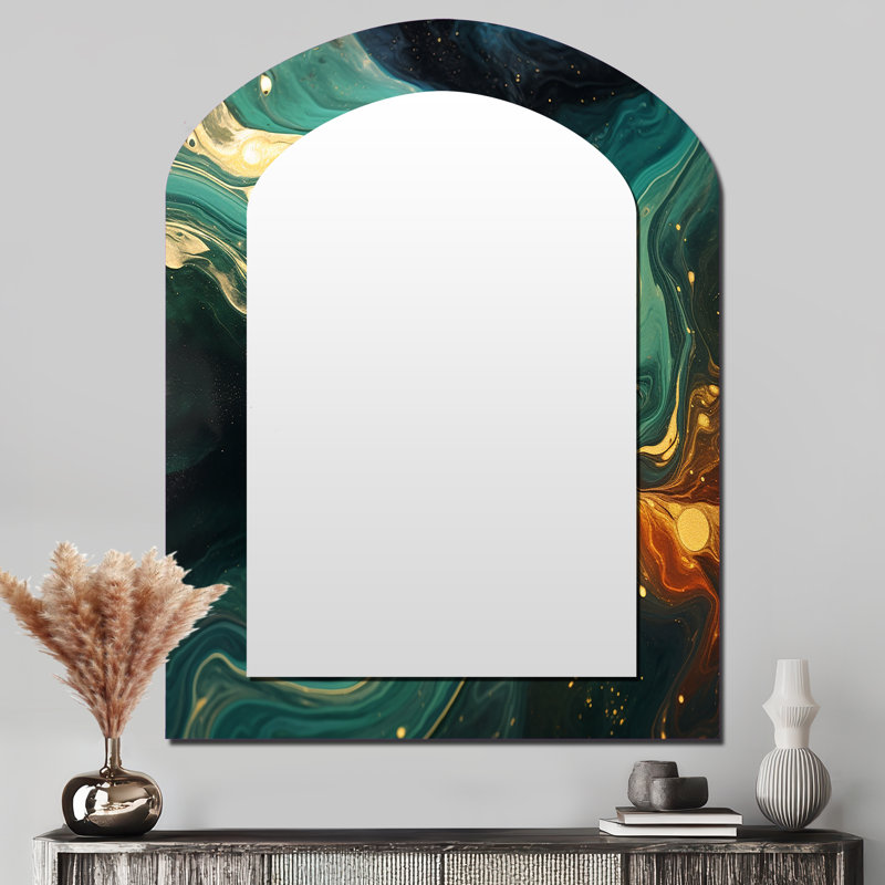 Abstrait vert et doré Marble River I - miroir mural décoratif asymétrique en marbre, miroir Freeform moderne, impression sur métal
