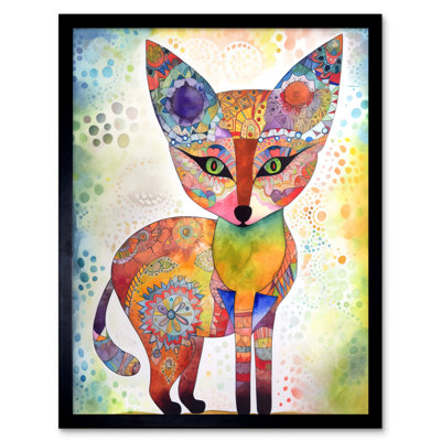 Fox Folk Art Watercolour Painting Artwork Framed Wall Art Print 9X7 Inch