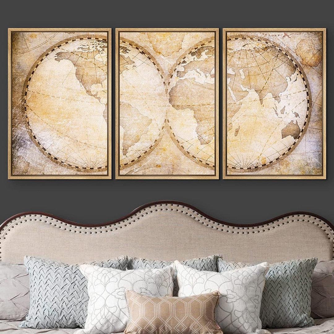 World Map Antique Global of the Earth - 3 Piece Framed Print Set on Canvas IDEA4WALL 