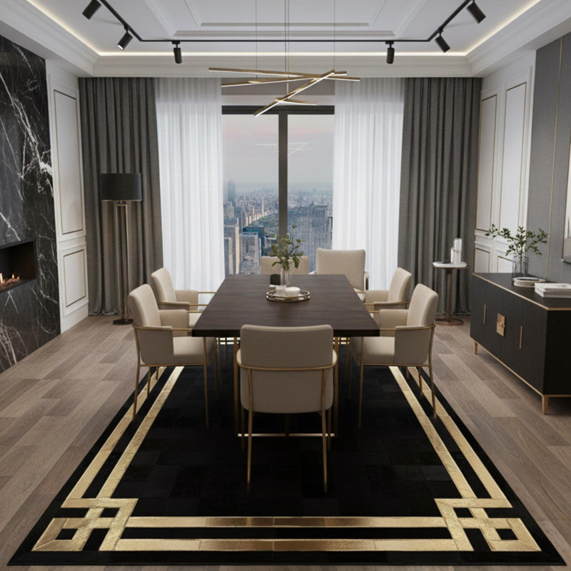 Tapis de course en cuir de vache noir et doré, tapis en cuir de luxe, tapis à bordure dorée,, Rectangle 10 pi x 14 pi