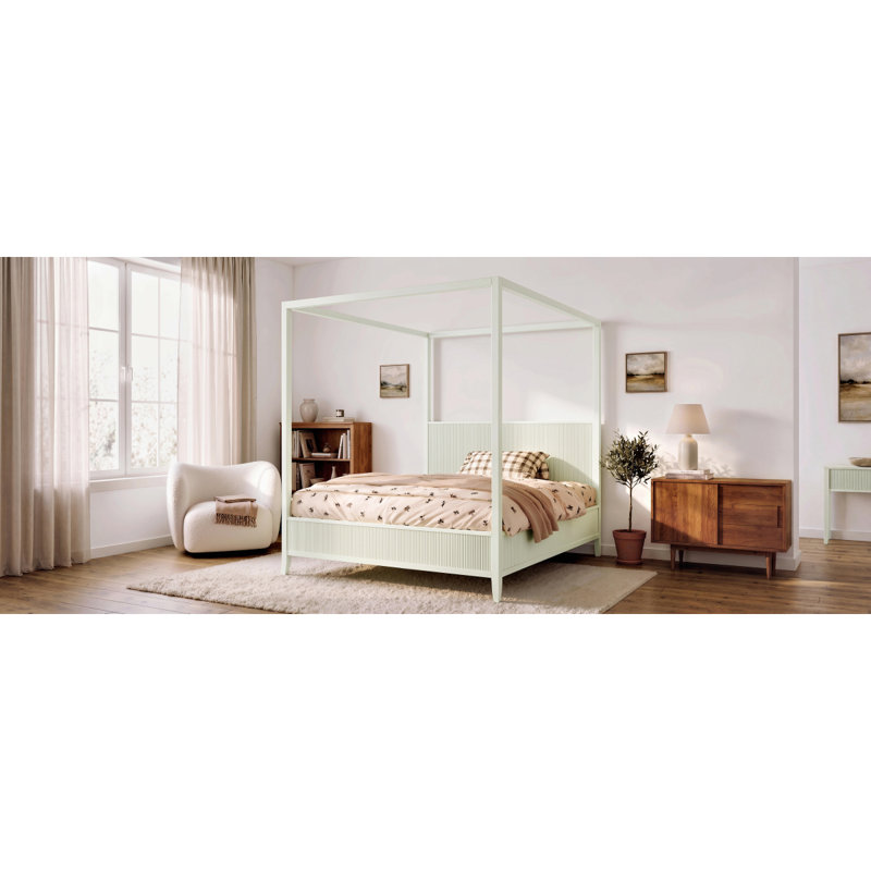 Grand lit plateforme à baldaquin en bois avec lattes de soutien, beige, Queen, Beige