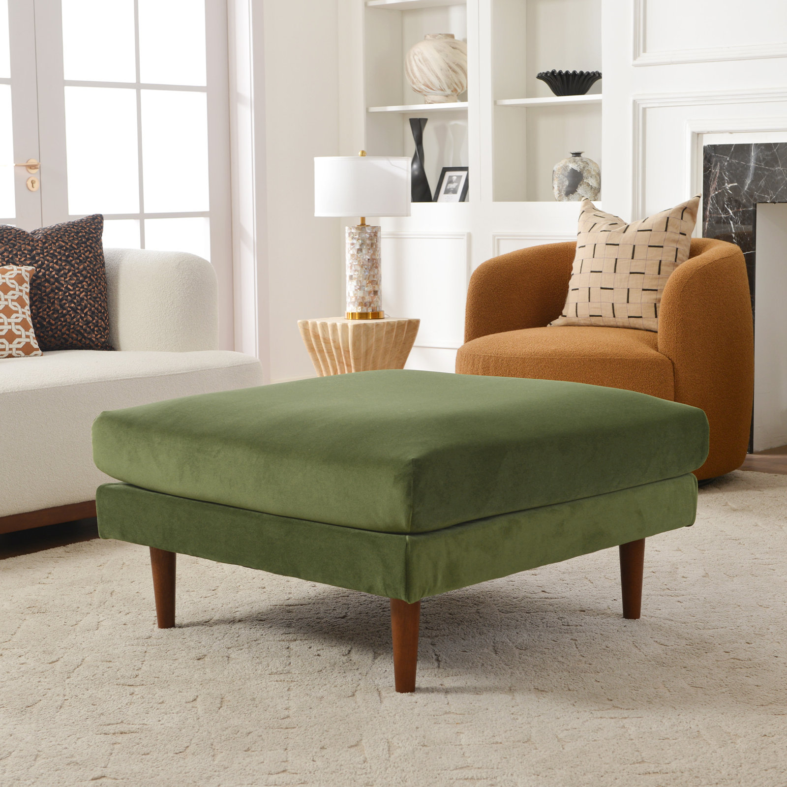 Miller 36" Linen Ottoman, Green, 19" H x 36" W x 36" D