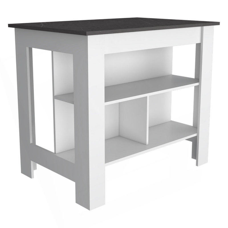 Kitchen Island, Kitchen Table 35" H, Four Legs, Three Open Storage  Shelves, Black/White