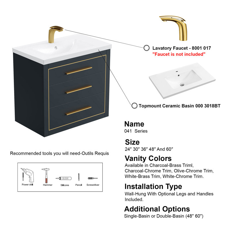 Damaiya 29.4 " W Free Standing Wall Mounted 1 Single Vanity Bathroom Vanity With Ceramic Top, Charcoal, Brass