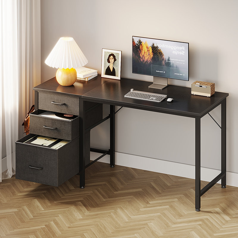 Bureau réversible 48 po à 3 tiroirs avec crochets, bacs de rangement en tissu pour bureau personnel, noir, Noir