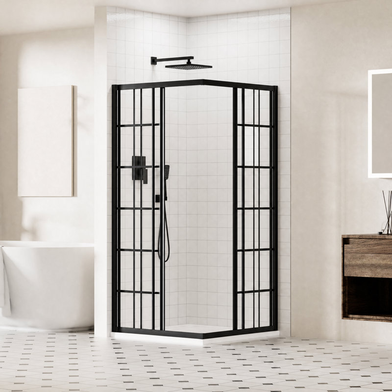 Double Sliding Corner Shower Door with 1/4" (6mm) Clear SGCC Tempered Glass, 36" D x 36" W x 72" H Corner Shower Enclosure, Sliding Shower Enclosure in Matte Black Framed Glass Finish
