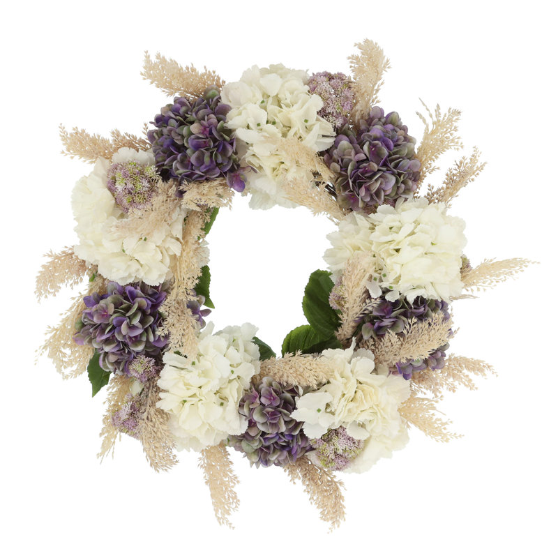 22" Grapevine Wreath with Hydrangeas, Pampas and Sedum