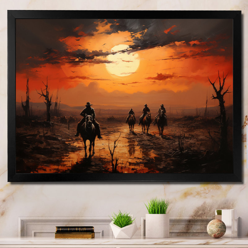 Western Sunset Riders Pointillism Art I - décoration murale occidentale, Cadre noir, H 16 po x l 32 po x P 1 po
