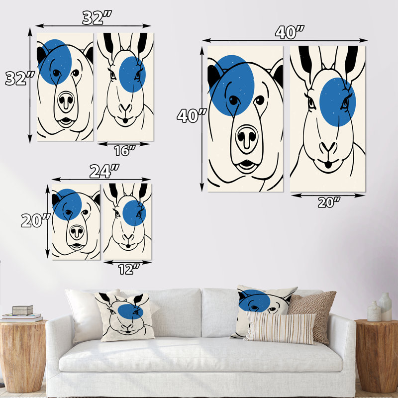 «Line Wild Animals with Blue Circle I», ensemble de 2 impressions, Toile tendue, H 20 po x l 24 po x P 1 po