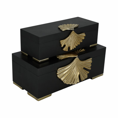 Braesgate Black Wood & Metal Decorative Storage Boxes with Gold Leaf Accent - Modern Organizer Set of 2 (14" & 12") for Home, Office, Bedroom, or Living Room
