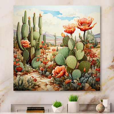 Coral Green Cactus Desert Blooms Pointillism III On Canvas Print