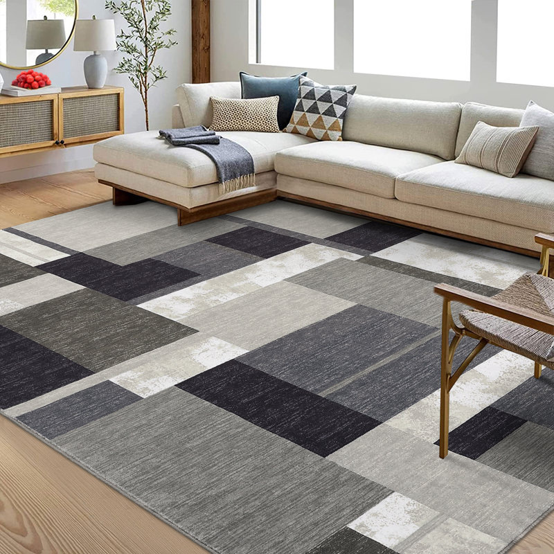 Tapis moderne lavable géométrique pour le salon et la chambre à coucher, Brun, Rectangle 9' x 12'