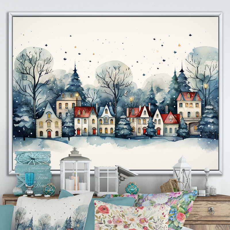 «Christmas Village In Winter I - Winter Landscape», art mural, Cadre flottant blanc, H 34 po x l 44 po x P 1,5 po