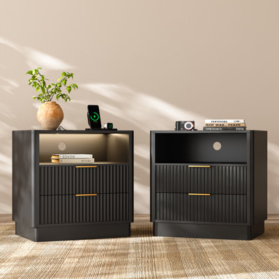 23.6" W 2-Drawer Nightstand with Charging Station and LED Lighting