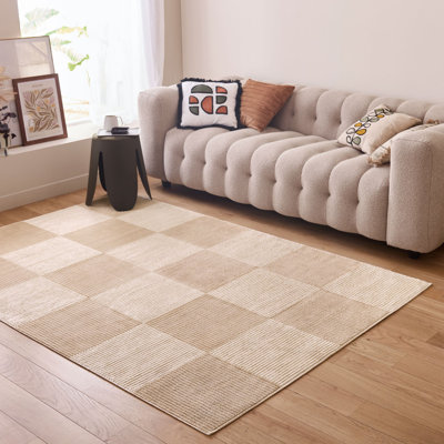 Aura Collection Living Room Rugs Checkered Design in Beige