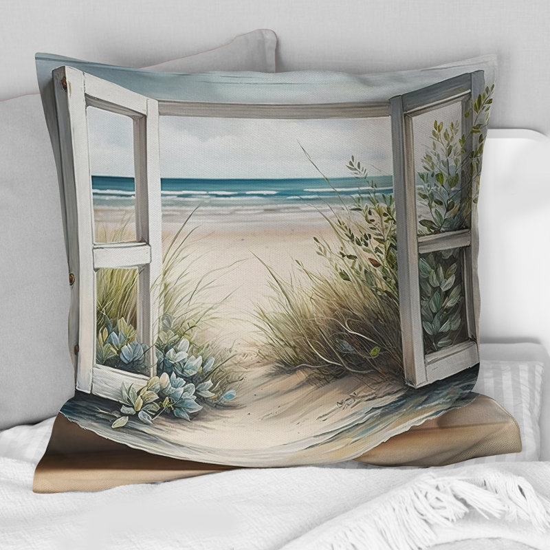 Fenêtre sur la plage V - Coussin imprimé plage côtière, H 16 po x l 16 po, Carré