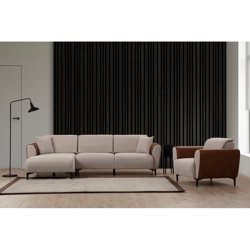 Stylish Corner Sofa-Bed, Beech Wood & Chipboard Frame, 85 x 102.4 x 33.5 inches | 100% Polyester Fabric, Turnable Back Mechanism, Soft Grey Foam & Silicone Foam, Easy-Clean, Beige & Cinnamon Colors, Perfect for Space-Saving Comfort