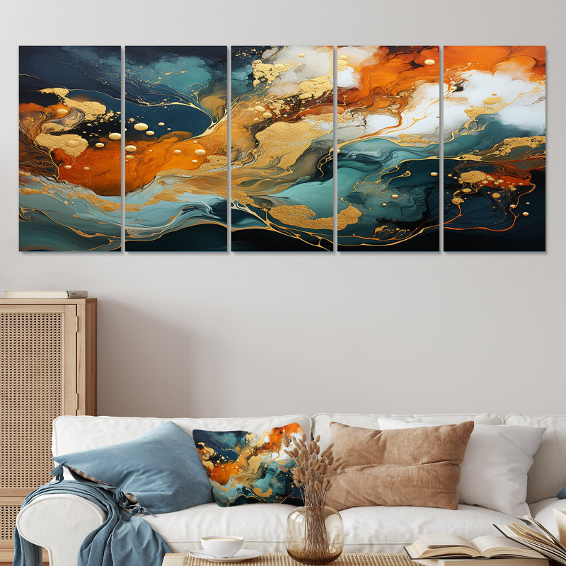 Tempête de marbre bleu et doré V - peinture abstraite, ensemble de 5 décorations murales, H 28 po x l 60 po