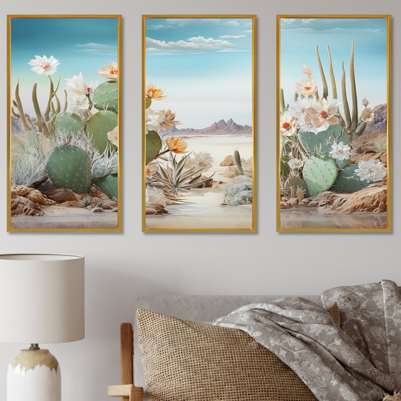 Collage Cactus On The Beach - Floral Cactus Wall Decor Set, Gold Floater Framed, 40" H x 60" W x 1" D