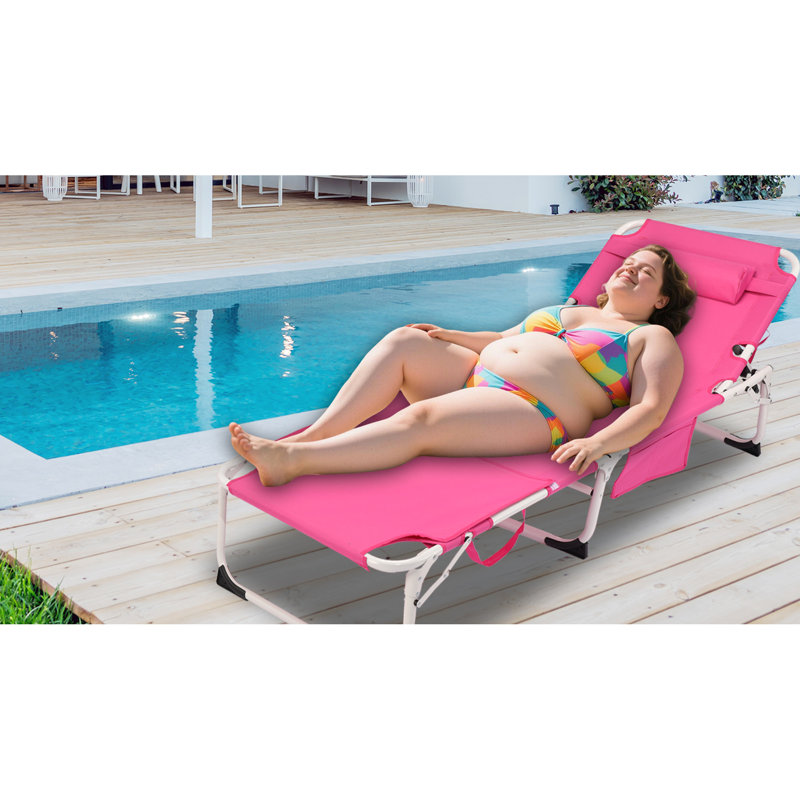 3 - In 1 Heavy Duty Adjustable Folding Chaise Lounge For Outdoor Tanning, Poolside, And Deck. Ergonomic Design, Soft Pad, Removable Pillow. Tanning Chair With 5 Position Face Arm