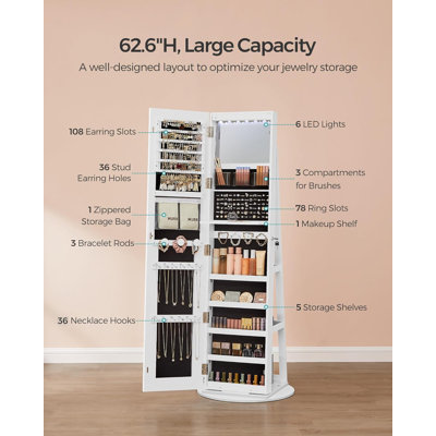 LED Jewelry Cabinet Standing, Lockable Armoire With Full-Length Mirror and Adjustable Lights