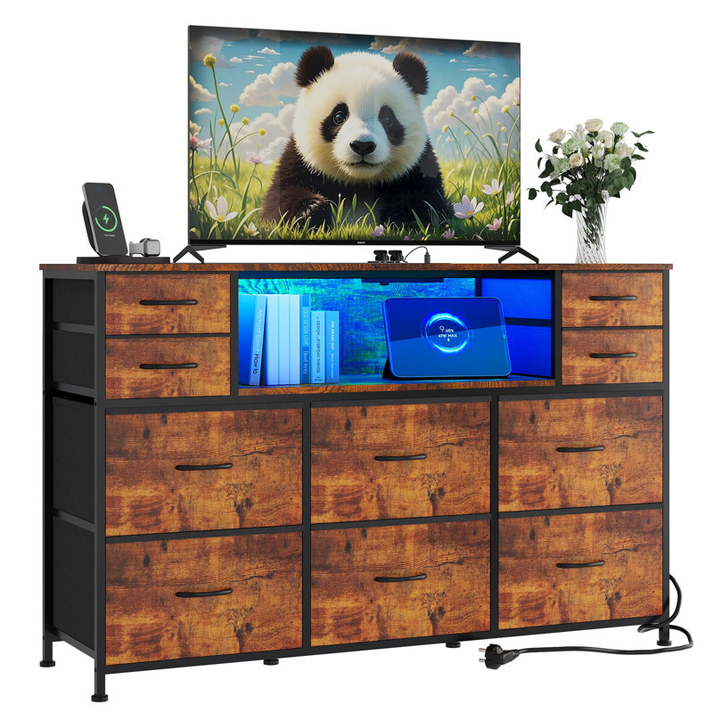10 Fabric Drawers Dresser, Entertainment Center TV Stand for 45"-55" TV, Chest of Drawers with Wood Top and Open Shelves for Bedroom, Living Room, Hallway