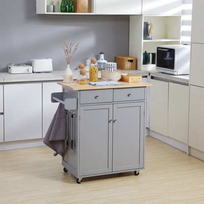 Lydd Rolling Kitchen Island on Wheels Rubber Wood Top Towel Rack Grey