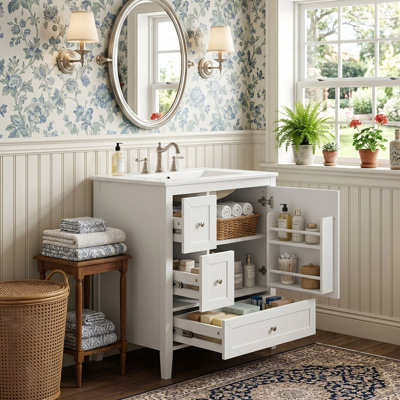 Meuble-lavabo autoportant 24 po moderne avec comptoir central en céramique de 4 po, colonne asymétrique à 2 tiroirs et porte à aile droite avec tablette de porte intégrée et tiroir long (finitions blanche et bleu-gris)