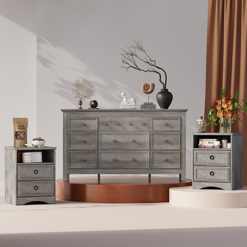 Winston Porter 3 Piece Bedroom Dresser Set - 9 Drawer Dresser And Two 2  Drawer Nightstands,Gray Wash & Reviews | Wayfair
