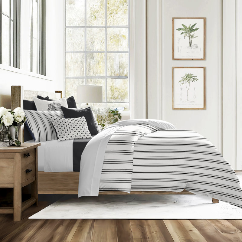 August Stripe Reversible Cotton Duvet Cover Set, Cal.King Duvet Cover + 2 King Shams, Ebony